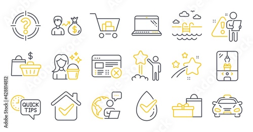Set of Business icons, such as Dermatologically tested, Reject web, Sallary symbols. Sale bags, Gifts, Taxi signs. Crane claw machine, Quick tips, Swimming pool. Headhunter, Cleaning, Star. Vector