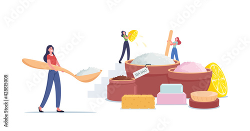 Tiny Female Characters Making Beauty Product of Sea Salt, Lemon Juice and Aroma Oils for Applying Peeling