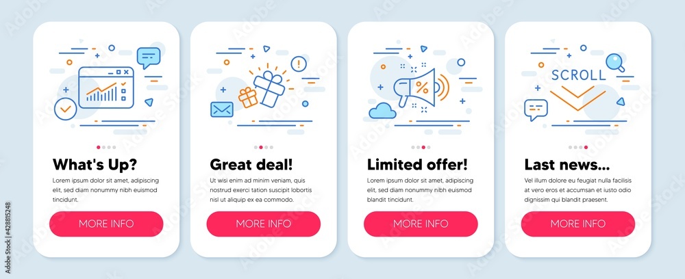 Set of Business icons, such as Gift, Web traffic, Sale megaphone symbols. Mobile screen banners. Scroll down line icons. Marketing box, Website window, Shopping. Swipe screen. Gift icons. Vector