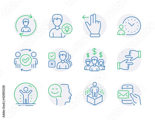 People icons set. Included icon as Salary employees, Recovered person, Human resources signs. Time management, Opinion, Click hands symbols. Touchscreen gesture, Augmented reality. Vector