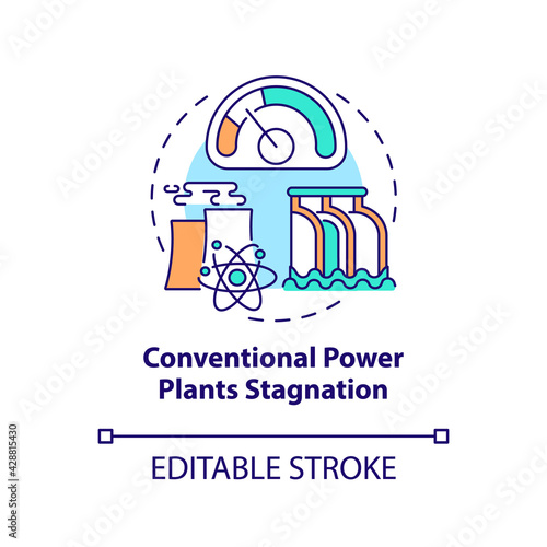 Conventional power plants stagnation concept icon. Industry trend idea thin line illustration. Decline in electricity production efficiency. Vector isolated outline RGB color drawing. Editable stroke