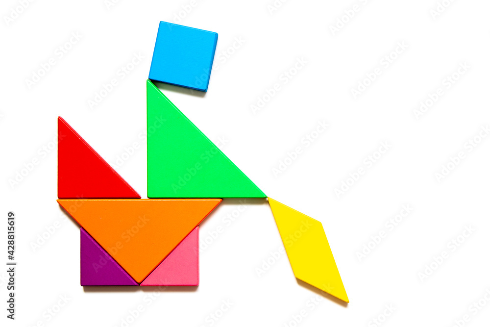 Color tangram puzzle in man sitting on chair or toilet in restroom shape on white background Color tangram puzzle in man sitting on chair or toilet in restroom shape on white background