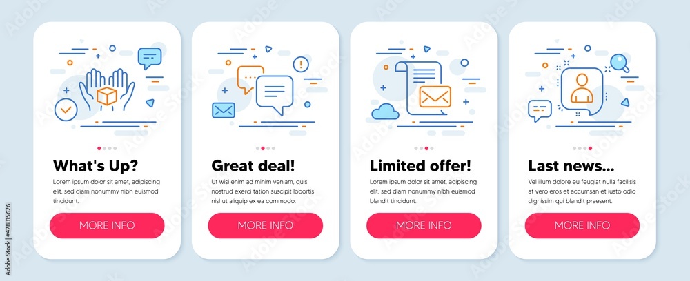 Set of Technology icons, such as Dots message, Mail letter, Hold box symbols. Mobile screen app banners. Developers chat line icons. Chat bubble, Read e-mail, Delivery parcel. Manager talk. Vector