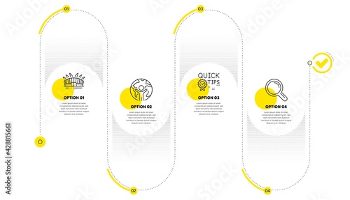 Global business, Quick tips and Arena stadium line icons set. Timeline process infograph. Research sign. Outsourcing, Helpful tricks, Sport complex. Magnifying glass. Business set. Vector