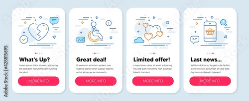 Set of line icons, such as Broken heart, Disabled, Heart symbols. Mobile screen app banners. Smartphone buying line icons. Love end, Handicapped wheelchair, Love rating. Website shopping. Vector