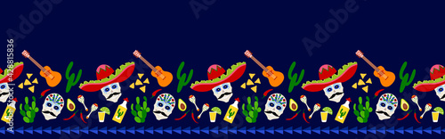 Mexico, Mexican traditional Cinco de Mayo, Day of the dead, Halloween, Dia de los Muertos  print border background, seamless pattern design
