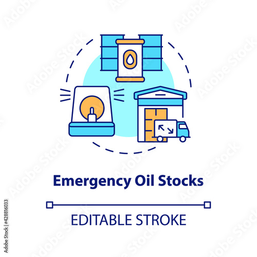 Emergency oil stocks concept icon. Energy security piece idea thin line illustration. Oil stockholding mechanism. Mitigating supply crisis. Vector isolated outline RGB color drawing. Editable stroke