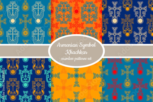 Collection of seamless patterns with ancient Armenian symbol Khachkar designed for web, fabric, paper and all prints 