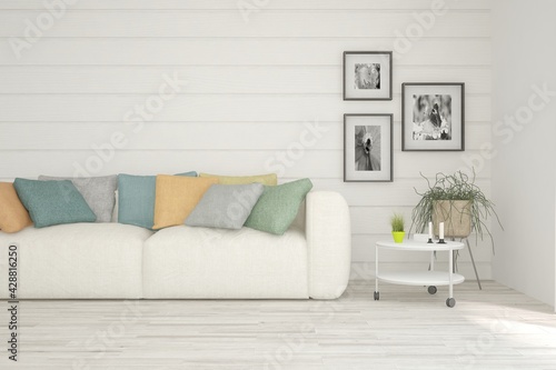 Soft color living room with sofa. Scandinavian interior design. 3D illustration © AntonSh