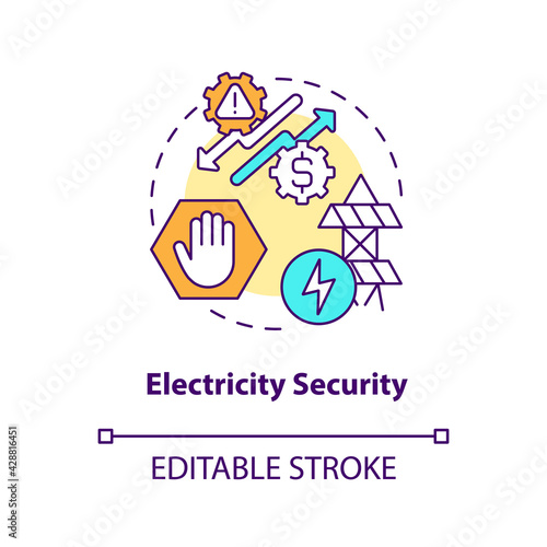 Electricity security concept icon. Energy security type idea thin line illustration. Reliable and efficient electricity supply. Vector isolated outline RGB color drawing. Editable stroke