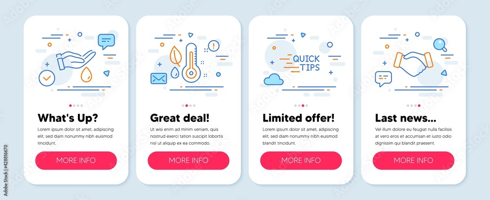 Set of Business icons, such as Education, Thermometer, Wash hands symbols. Mobile app mockup banners. Handshake line icons. Quick tips, Grow plant, Skin care. Deal hand. Education icons. Vector