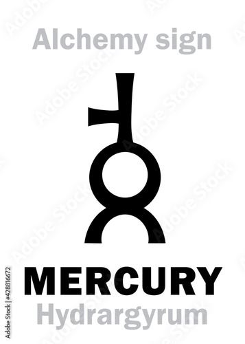 Alchemy Alphabet: MERCURY / QUICKSILVER (Hydrargyrum, Argentum vivum; Mercurius), one of three primes — wet/feminine source. Alchemical symbol from Medieval manuscript, 1647. Chemical formula=[Hg].