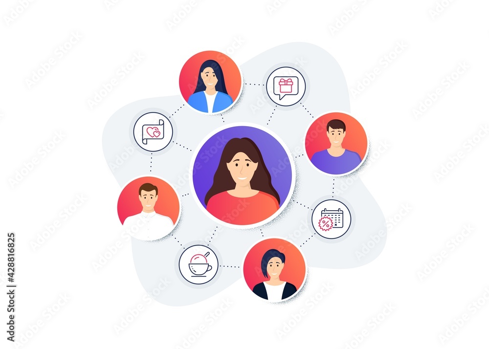 Set of Holidays icons, such as Wish list, Calendar discounts, Love letter symbols. Online team work banner. Employee remote job. Ice cream line icons. Present box, Shopping, Heart. Coffee cup. Vector Set of Holidays icons, such as Wish list, Calendar discounts, Love letter symbols. Online team work banner. Employee remote job. Ice cream line icons. Present box, Shopping, Heart. Coffee cup. Vector