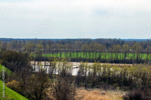 A beautiful spring landscape with a green forest and green meadow grass in the foreground against the backdrop of a winding river between fields and hills and a blue  slightly cloudy sky.