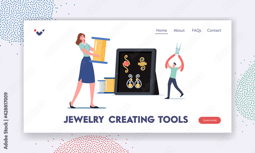 Jewelry Creating Tools Landing Page Template. Tiny Characters Holding Huge Clippers and Wire Spool for Making Jewelry Jewelry Creating Tools Landing Page Template. Tiny Characters Holding Huge Clippers and Wire Spool for Making Jewelry