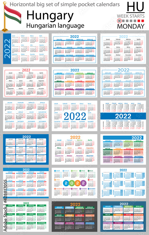 Hungarian horizontal pocket calendars for 2022. Week starts Monday Hungarian horizontal pocket calendars for 2022. Week starts Monday