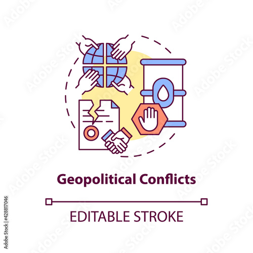 Geopolitical conflicts concept icon. Energy security threat idea thin line illustration. Political instability. Energy supplies manipulation. Vector isolated outline RGB color drawing. Editable stroke