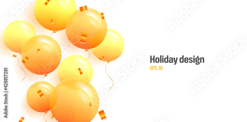 Festive background with helium round yellow balloons and golden confetti on white backdrop with place for copy