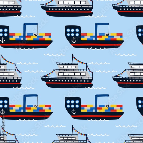 Cargo barge and cruise ship seamless pattern. Cartoon hand drawn sail childish collection, water transport on blue background. Kids decor textile wrapping paper wallpaper vector print or fabric