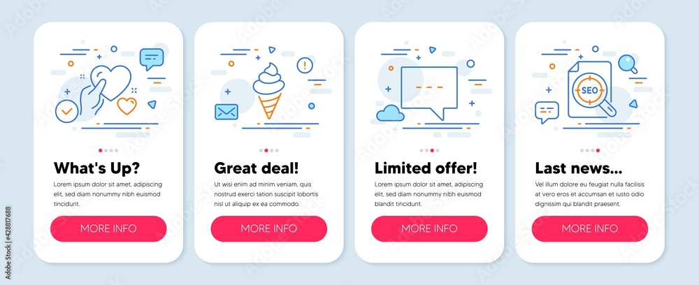 Set of Business icons, such as Ice cream, Blog, Hold heart symbols. Mobile screen app banners. Seo file line icons. Sundae cone, Chat message, Care love. Search document. Ice cream icons. Vector