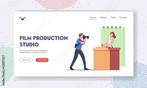 Film Production Studio Landing Page Template. Professional Videographer Male Character Recording Female Tv Anchorman