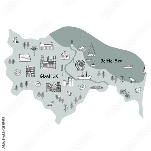 Vector line hand drawn illustrated map of Gdansk, Poland. Traditional buildings, street food, transport, animals, birds and symbols. Bright design for tourist posters, banners, prints