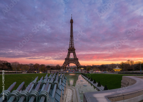 Eiffel Tower from Trocadero fountain at Sunrise, Paris, France