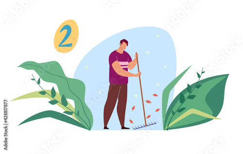 Work in the garden or park. A gardener character rakes leaves. Vector flat cartoon illustration.