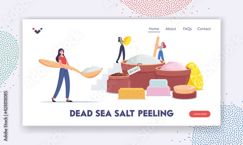 Home Cosmetics Landing Page Template. Tiny Female Characters Making Beauty Product of Dead Sea Salt, Lemon Juice and Oil