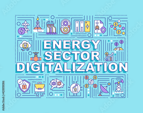 Energy sector digitalization word concepts banner. Automatical process of getting fuel. Infographics with linear icons on blue background. Isolated typography. Vector outline RGB color illustration