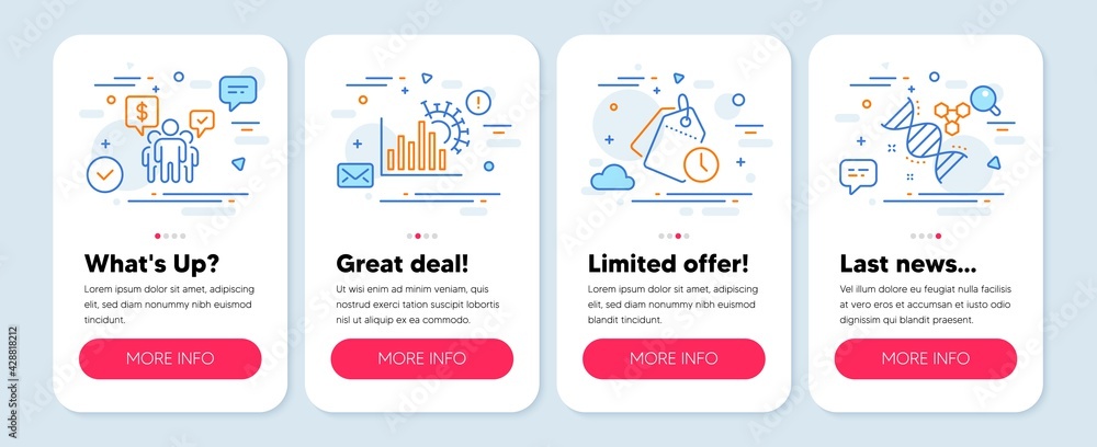Set of Science icons, such as Teamwork, Coronavirus statistics, Time management symbols. Mobile screen mockup banners. Chemistry dna line icons. Vector