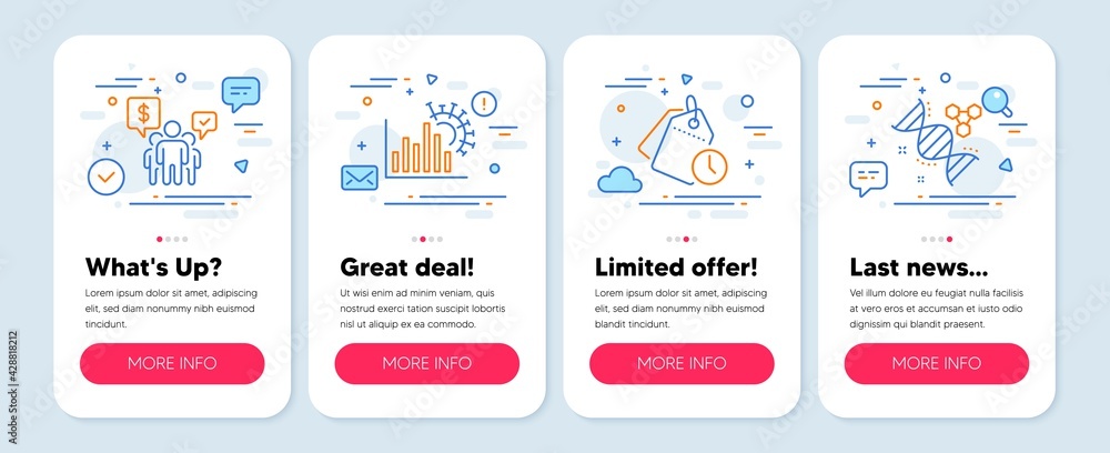 Set of Science icons, such as Teamwork, Coronavirus statistics, Time management symbols. Mobile screen mockup banners. Chemistry dna line icons. Vector Set of Science icons, such as Teamwork, Coronavirus statistics, Time management symbols. Mobile screen mockup banners. Chemistry dna line icons. Vector