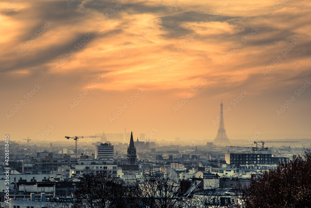 Paris skyline at sunset, France. View from the Parc de Belleville