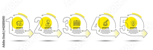 Parking garage, Inspiration and Brand ambassador line icons set. Timeline process infograph. Copyrighter sign. Automatic door, Creativity, Megaphone. Writer person. Business set. Vector