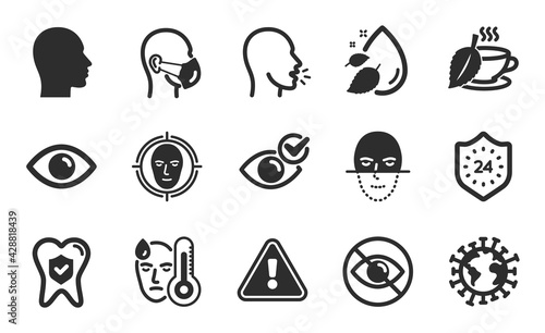 Check eye, Face detect and Not looking icons simple set. Cough, Medical mask and Head signs. Coronavirus, 24 hours and Water drop symbols. Fever, Eye and Mint tea. Flat icons set. Vector