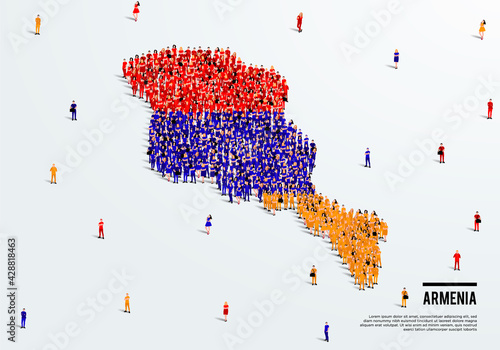 Armenia Map and Flag. A large group of people in Armenian flag color form to create the map. Vector Illustration.