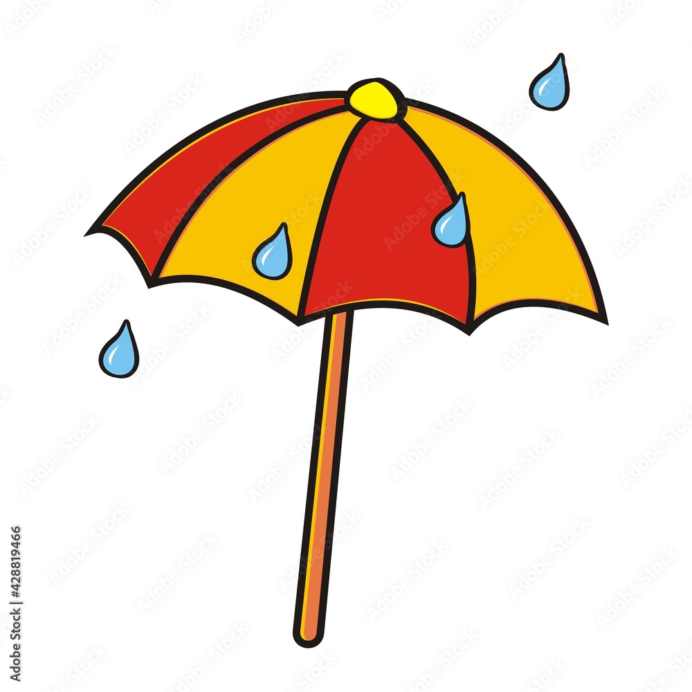 Open  umbrella and rain, isolated object, vector colored illustration
