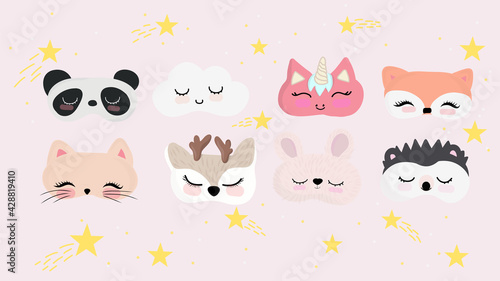 Funny animal eye sleep mask set. Night accessory to healthy sleep, travel and recreation.