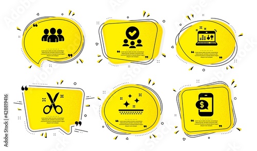 Approved group, Group and Sound check icons simple set. Yellow speech bubbles with dotwork effect. Scissors, Clean skin and Phone payment signs. Teamwork, Dj controller, Cutting tool. Vector