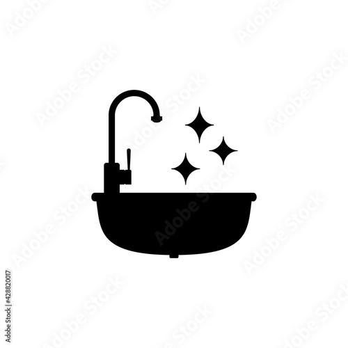 Clean kitchen sink icon with faucet. Black and white vector silhouette, clipart and drawing. Isolated illustration. 