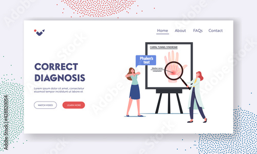 Median Nerve Compression in Wrist Diagnosis Landing Page Template. Doctor Character Presenting Infographics