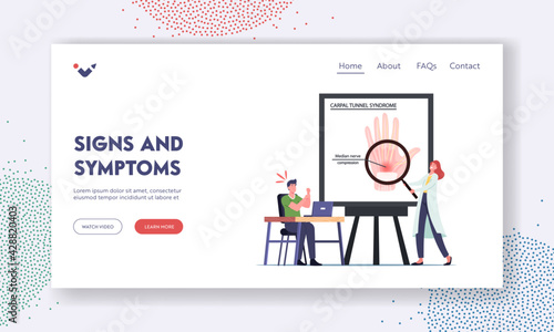 Carpal Tunnel Syndrome Signs and Symptoms Landing Page Template. Office Worker Male Character Suffer of Pain in Wrist