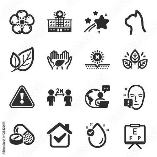 Set of Healthcare icons, such as Face attention, Leaf, Medical drugs symbols. Vision board, Hospital building, Pets care signs. No sun, Fair trade, Organic tested. Social distancing. Vector