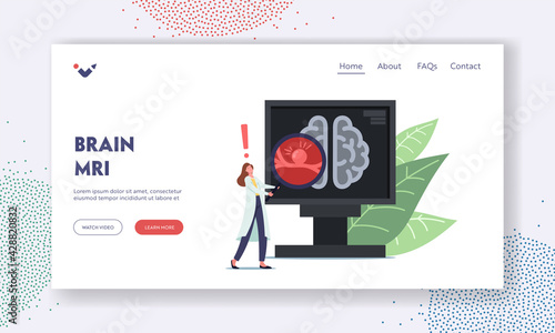 Brain MRI Landing Page Template. Tiny Doctor Female Character Hold Huge Magnifier at Pc Screen with Tomography of Brain