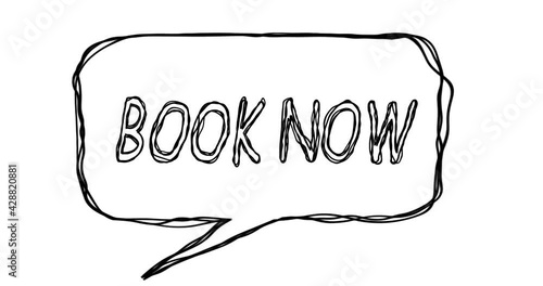 Book now text written with a marker.  Concept of reserve room or bed in hostel or motel for journey. 4K video animation graphics with alpha channel