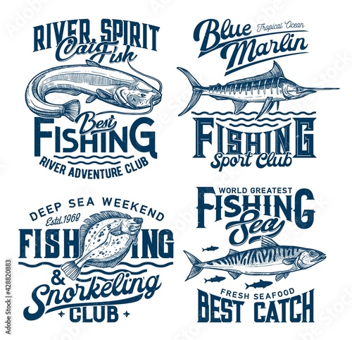 Fishing and snorkeling club marine t-shirt prints with fishes and sea waves, vector. Marine fish catch sport and river adventure club quotes of ocean spirit and deep sea, blue grunge t-shirt prints