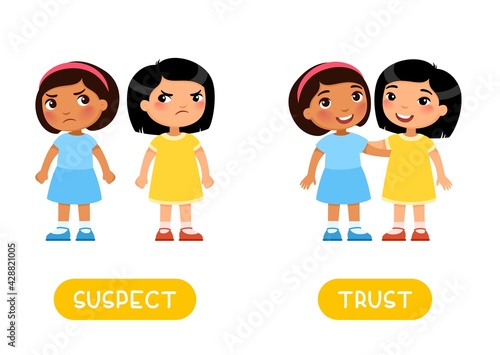 SUSPECT and TRUST antonyms flashcard, Opposites concept. Word card for English language learning with multiracial cartoon characters