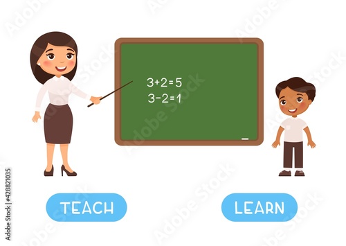 TEACH and LEARN antonyms flashcard, Opposites concept. Word card for English language learning with flat characters. Teaching and learning illustration