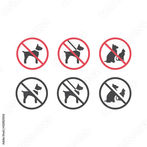 No pets red prohibition vector sign. Dogs on a leash and pets not allowed icon.