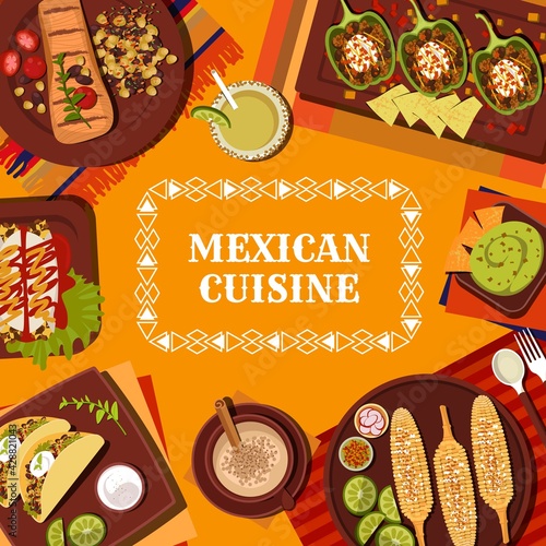 Mexican cuisine restaurant meals and drinks menu vector cover. Carne Asada beef, chicken enchiladas and meat bean tacos, grilled corn on cob, avocado guacamole and stuffed peppers, Michelada cocktail